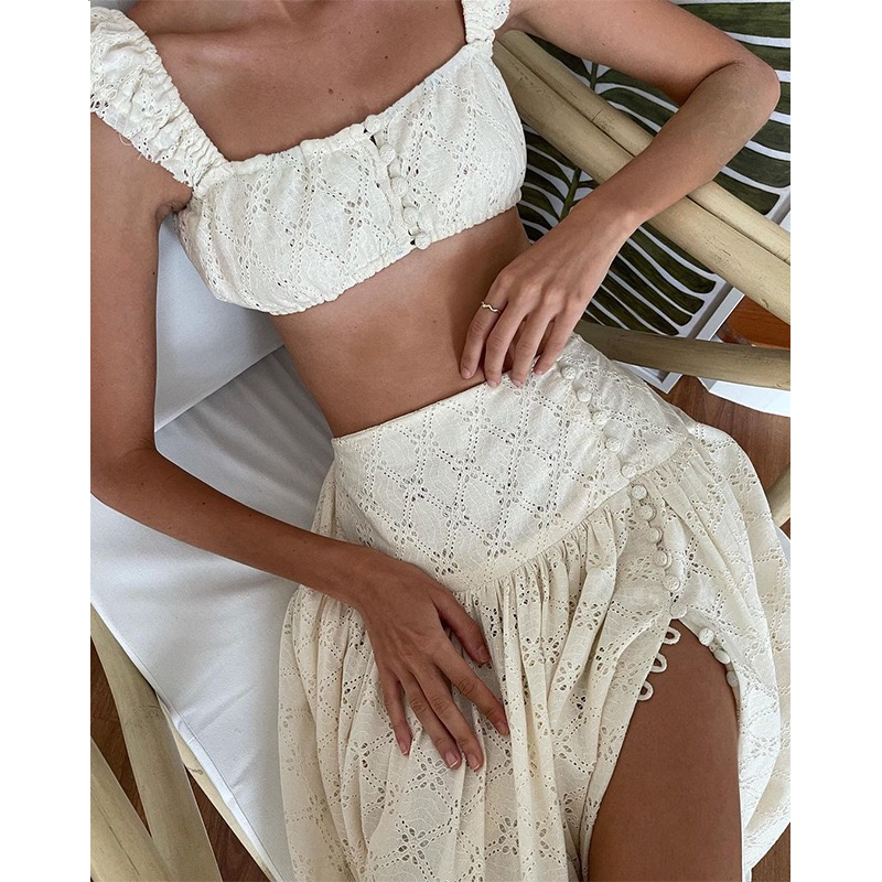 Ivory Eyelet Bohemian Two-Piece Set: Romantic Crop Top and Maxi