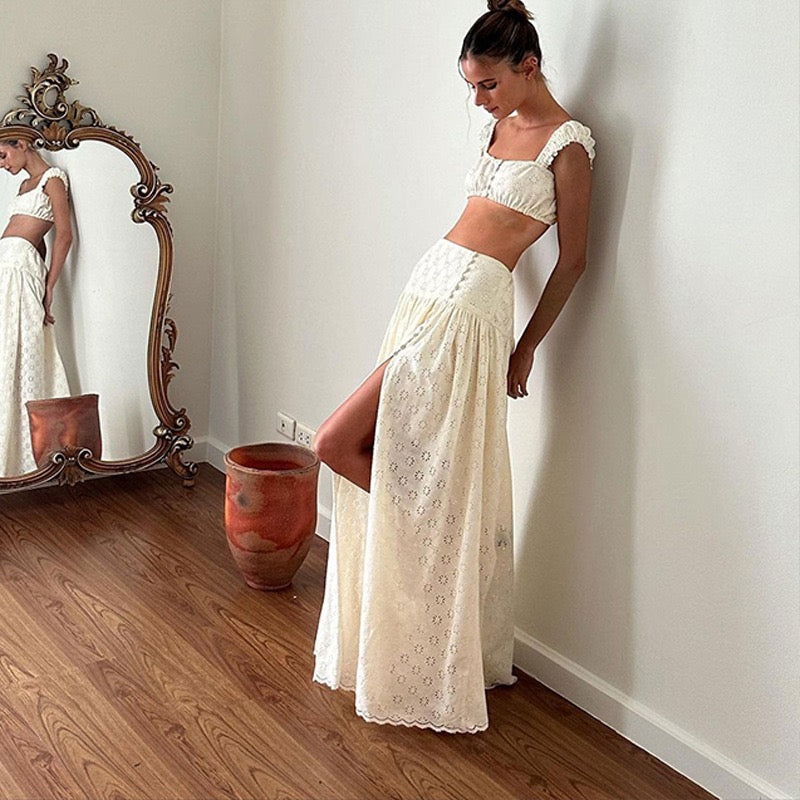 Ivory Eyelet Bohemian Two-Piece Set - Glimmer Gleam - 